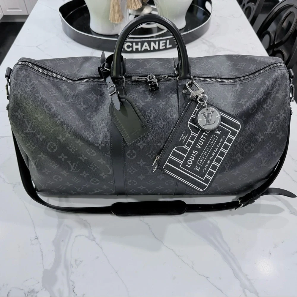 Louis Vuitton Black Monogram Eclipse Keepall Duffel with Bag Charm and Pouch 😎
